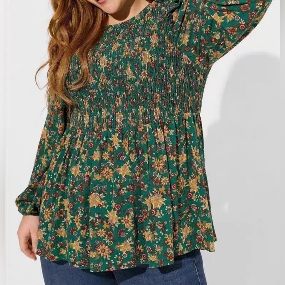 Torrid Green Floral Babydoll Smocked Top Ruffle Accent